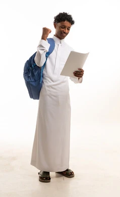 Saudi Student in Thobe Celebrating Success on White Background