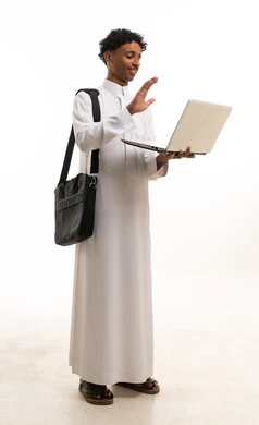 Saudi Man in Thobe Waving at Laptop Screen