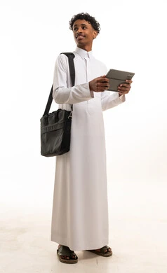 Saudi Man in White Thobe Holding Tablet Studio