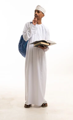 Omani Student in Traditional Dress with Books and Backpack