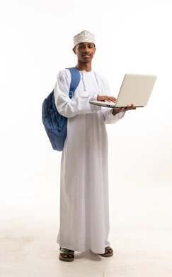 Omani Man with Laptop and Backpack on White Background