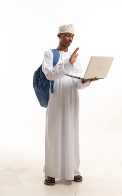 Omani Man with Laptop and Backpack on White Background