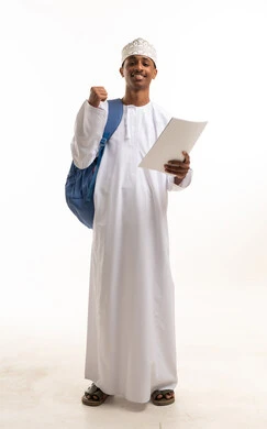 Omani Student with Backpack Celebrating Success on White Background
