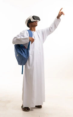 Omani Man Wearing VR Headset Pointing Upward
