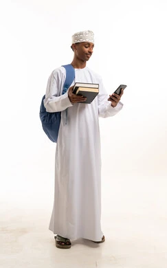 Omani Student with Books and Phone on White Background