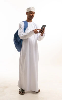 Omani Man with Backpack Using Smartphone on White Background
