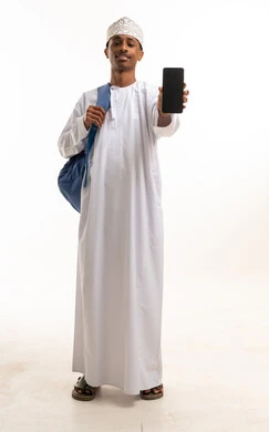 Omani Man Holding Smartphone with Backpack in Studio