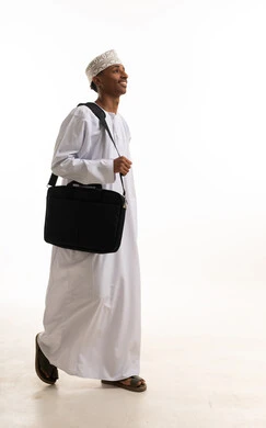 Omani Man with Laptop Bag on White Background