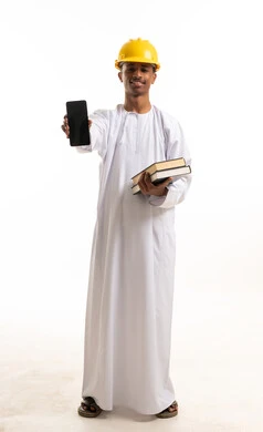 Omani Engineer Holding Smartphone and Books on White