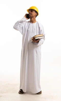 Omani Engineer with Safety Helmet and Phone in Studio