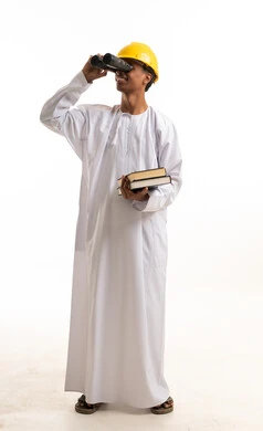 Omani Engineer with Binoculars and Books on White Background
