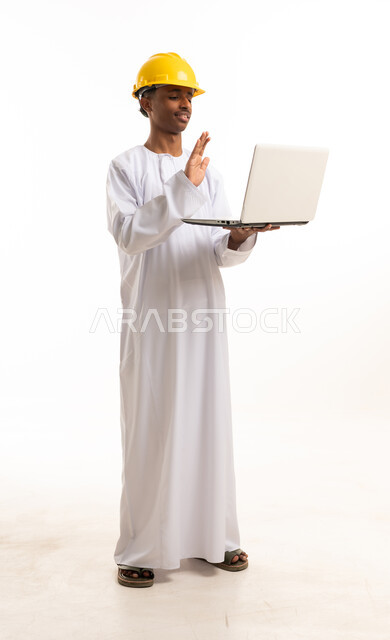 Omani Engineer Holding Laptop on White Background