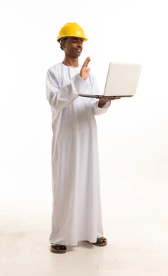 Omani Engineer Holding Laptop on White Background
