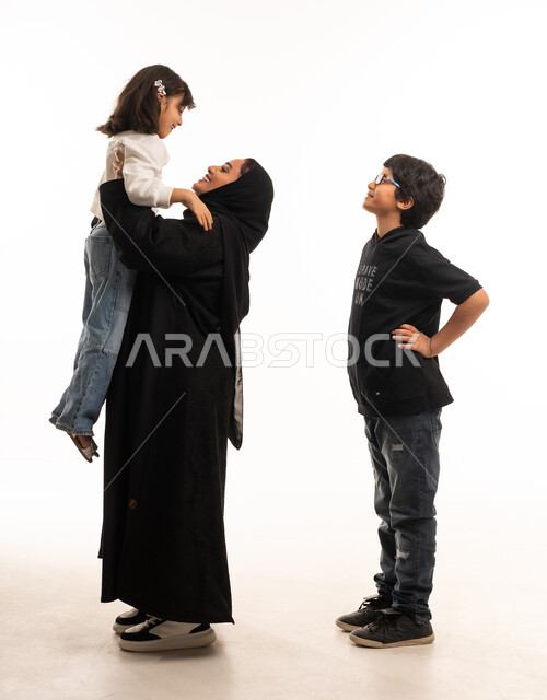 Saudi Mother and Children on White Background