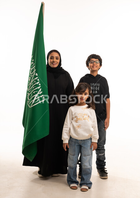 Saudi Family with National Flag on White Background