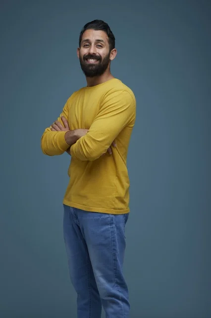 Smiling Saudi Man in Yellow Casual Shirt Studio Portrait