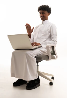 Saudi Man with Laptop on Video Call White Background