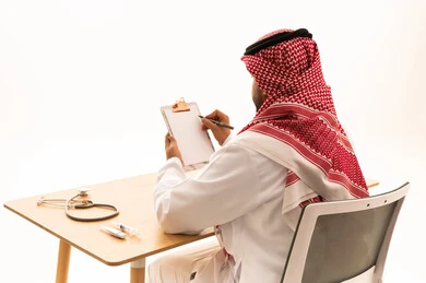 Saudi Male Doctor Writing on Clipboard in Medical Clinic