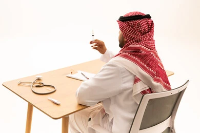 طبيب سعودي يرتدي الزي التقليدي يمسك حقنة طبية في مكتبه
