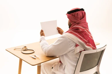 Saudi Male Doctor with Stethoscope at Desk