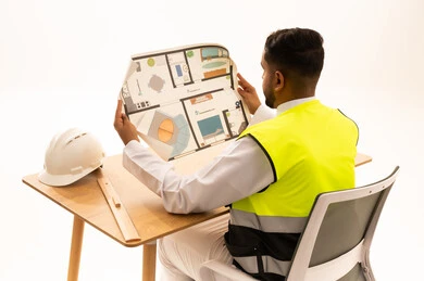 مهندس عربي بالثوب يتفحص مخطط بناء هندسي