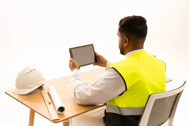 مهندس سعودي يستخدم الجهاز اللوحي مع سترة السلامة