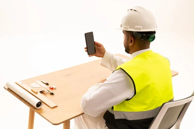 Saudi Engineer in Safety Gear Using Phone at Desk
