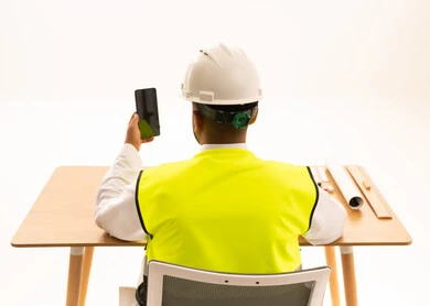 Saudi Engineer with Safety Vest and Smartphone Back View