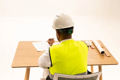 مهندس عربي سعودي في المكتب بملابس السلامة