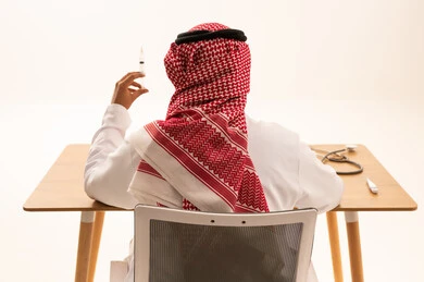 طبيب سعودي يمسك حقنة طبية من الخلف