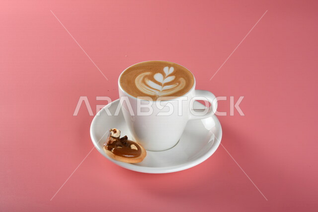 صورة مقربة لفنجان القهوة برغوة كثيفة بجانبه قطعة من الحلوى اللذيذة ، مشروب الكابتشينو الساخن ، قهوة اسبريسو ، مشروبات ساخنة لذيذة ، فنجان القهوة الساخن ، خلفية ملونة