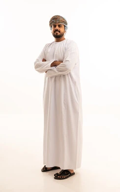 Omani Man in Traditional Dishdasha on White Background