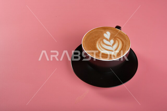 Close-up of dense foam coffee cup, hot cappuccino drink, espresso coffee, delicious hot drinks, hot coffee cup, colorful background