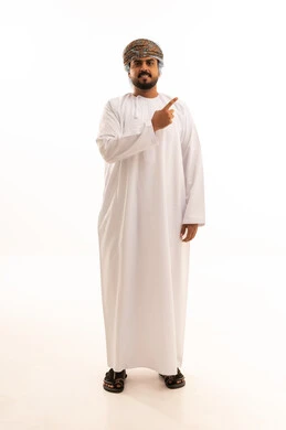 Omani Man in Traditional Dress Pointing on White Background