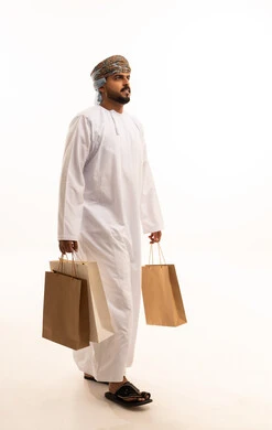 Omani Man Walking with Shopping Bags on White Background