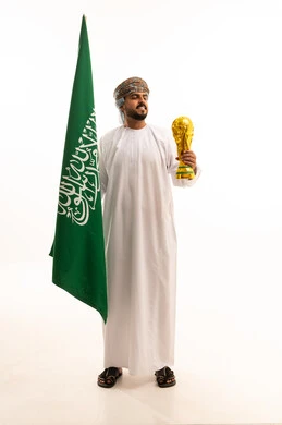 Omani Man Holding Saudi Flag and World Cup Trophy