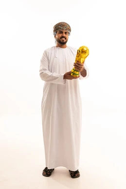 Omani Man Holding Gold World Cup Trophy White Background