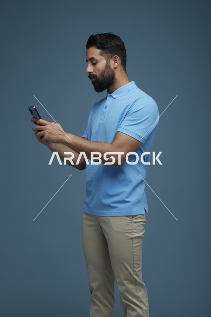 شاب سعودي يستخدم الهاتف الذكي بملابس كاجوال في الاستوديو