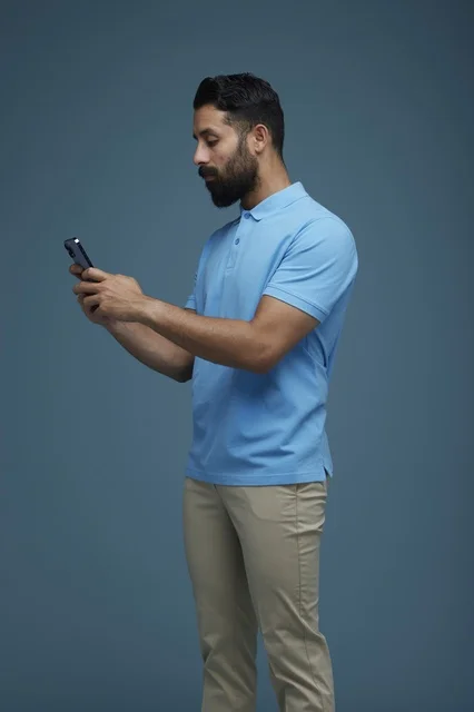 Saudi Man Using Smartphone in Blue Polo Shirt Studio Shot
