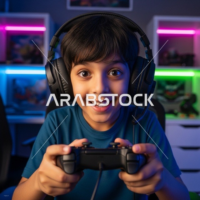 طفل عربي متحمس يلعب ألعاب الفيديو بأضواء ليد