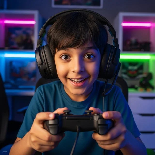 Excited Arab Boy Gaming with Headset and LED Lights