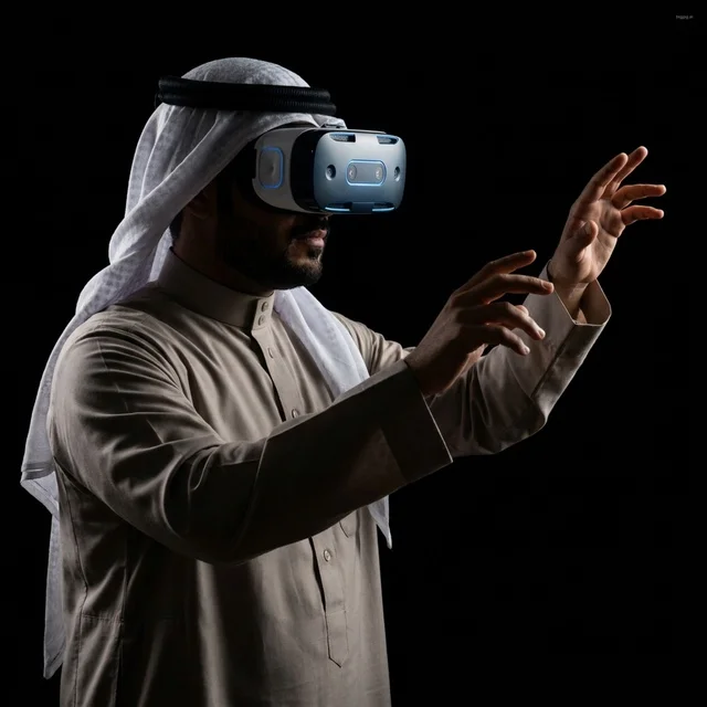 رجل سعودي بالزي التقليدي يستخدم تقنية الواقع الافتراضي