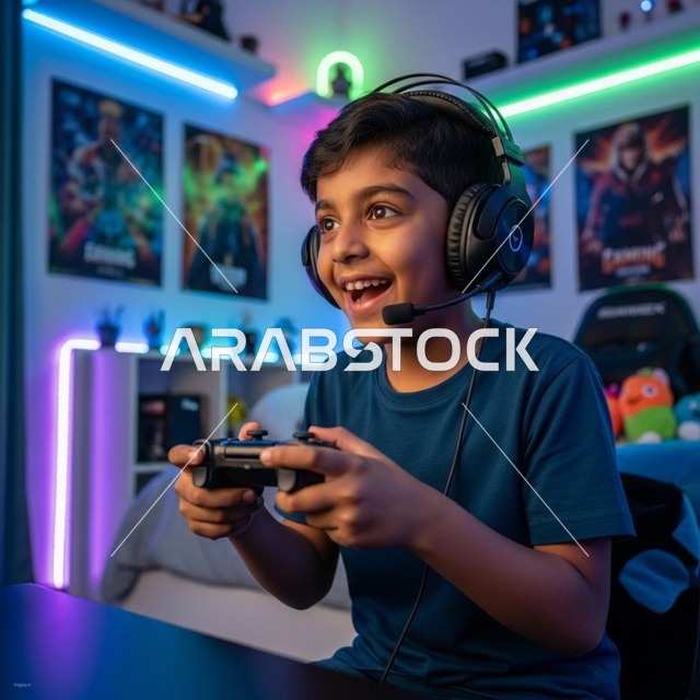 طفل عربي يلعب في غرفة ألعاب نيون مرتدياً سماعات رأس