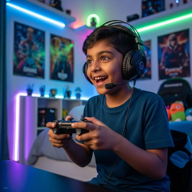 Young Arab Boy Gaming in Neon Lit Room with Headset