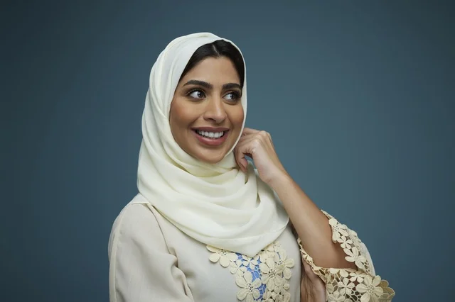 Saudi Woman Hijab Studio Portrait Blue Background