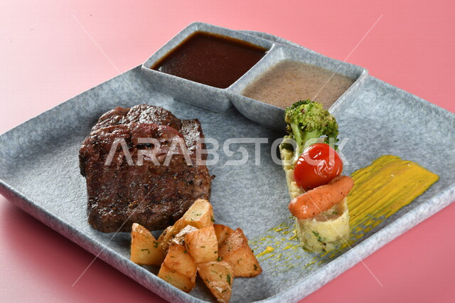 A plate of delicious grilled steak with sauce and fresh vegetables, grilled meal, delicious meals, Arab restaurants, oriental Arab food, Ramadan food, Ramadan breakfast, delicious Arab food, grill restaurant