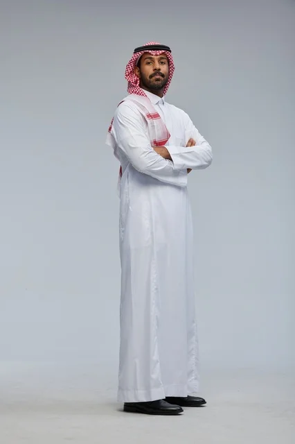 Saudi Man in Traditional Dress with Arms Crossed Full Body