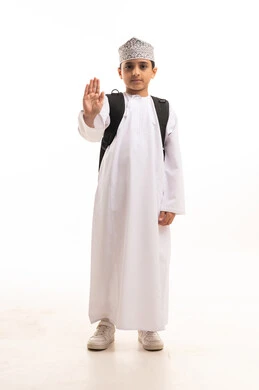 Omani Student in Traditional Dress Making Stop Gesture
