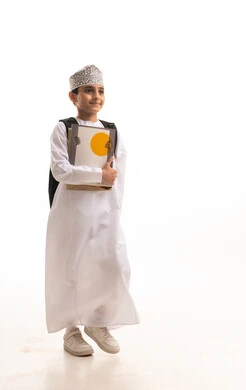 Omani Student in Traditional Dress with Backpack
