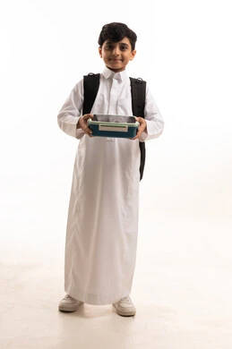Saudi Boy in Thobe with School Backpack and Lunch Box